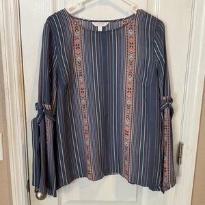 Lauren Conrad Blue Floral Striped Bell Sleeve Top Blouse - Size Large - EC